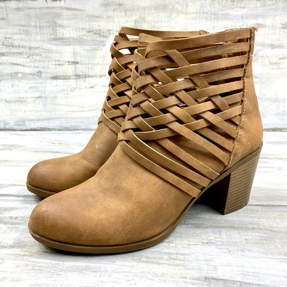 Arizona Brown Strappy Block Heel Booties Memory Foam Chunky Ankle Boot Olympia 9